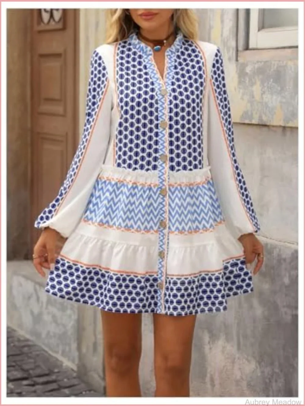 Women's Smocked Mini Dress Flowy Long Sleeve Button Front V Neck Ruffle Hem - Picture 2 of 5